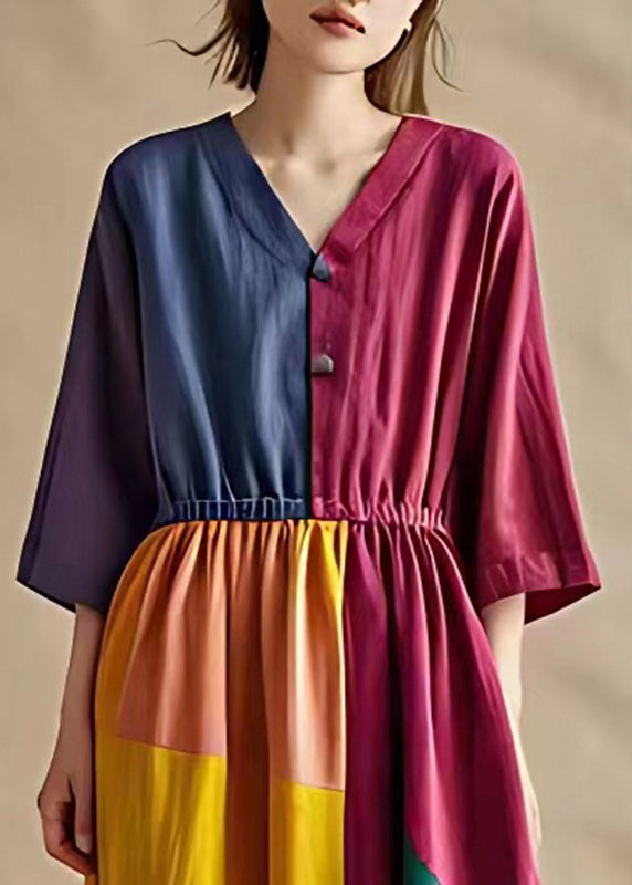 Art Colorblock Elastic Waist Patchwork Cotton Dresses Summer