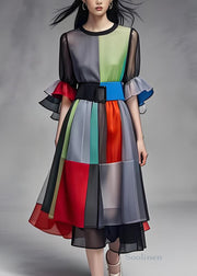Art Colorblock O Neck Tie Waist Patchwork Chiffon Dress Summer