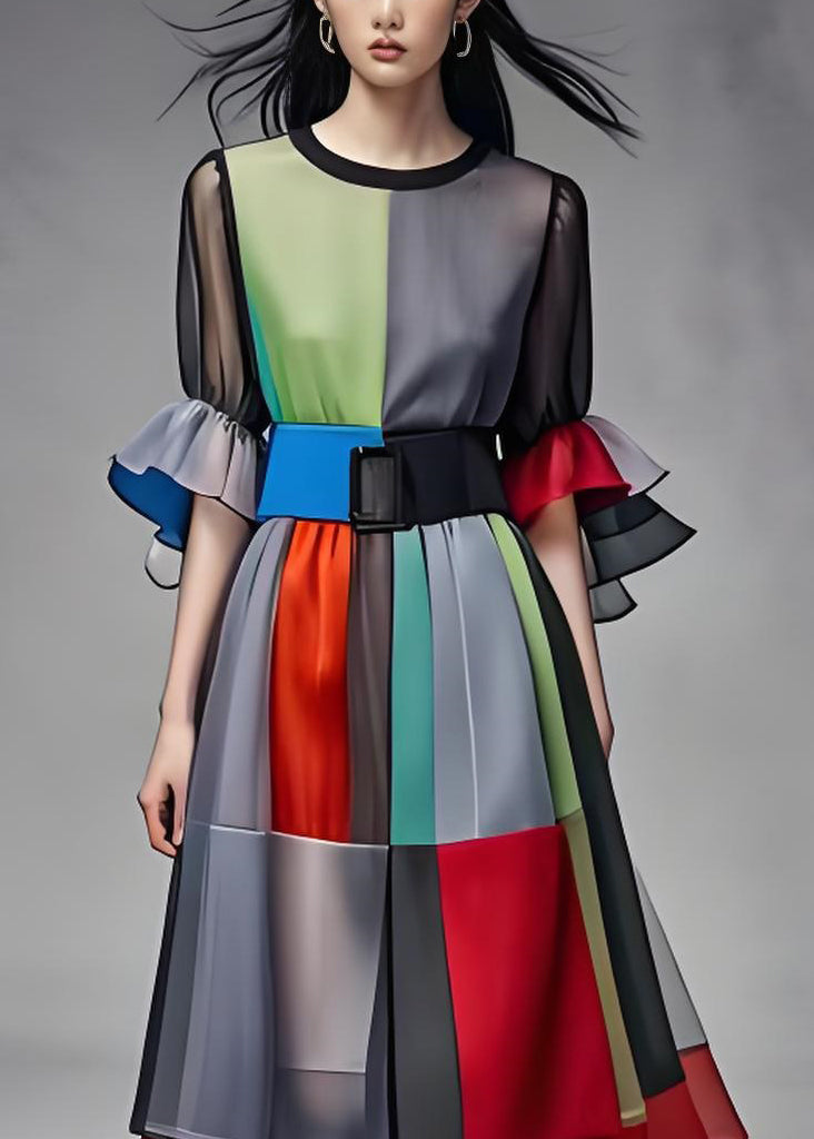 Art Colorblock O Neck Tie Waist Patchwork Chiffon Dress Summer