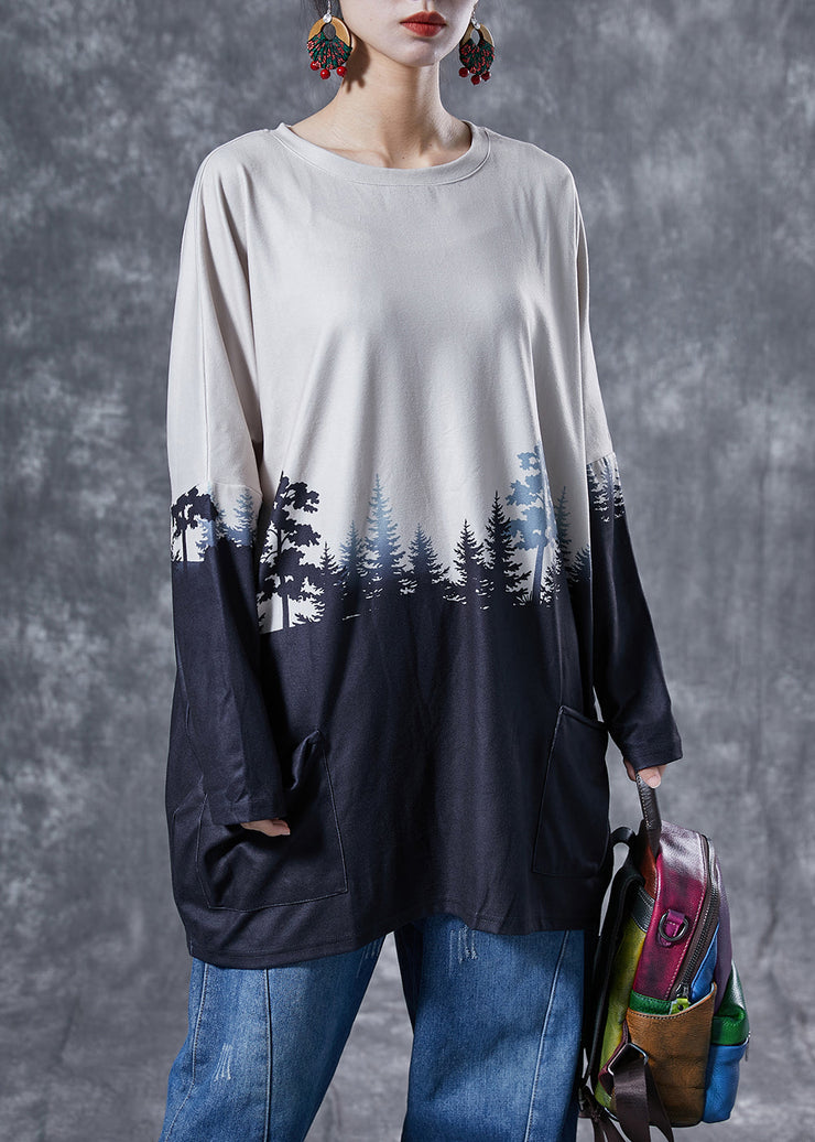 Art Colorblock Oversized Print Pockets Cotton Tops Spring