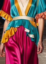 Art Colorblock Ruffles Patchwork Silk Maxi Dress Summer