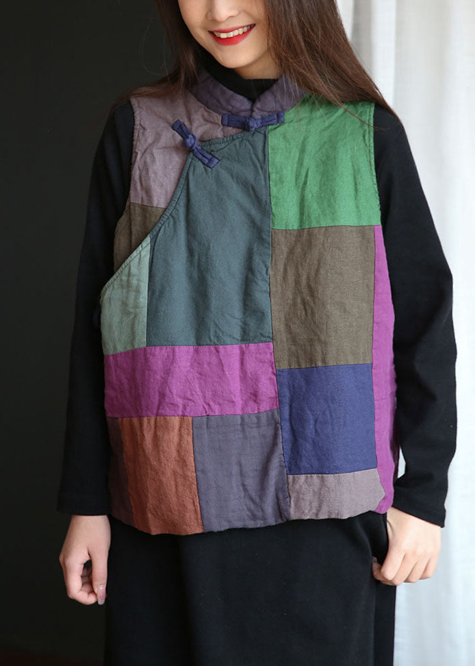 Art Colorblock Stand Collar Patchwork Fine Cotton Filled Vest Tops Winter