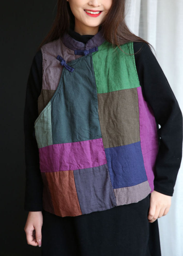 Art Colorblock Stand Collar Patchwork Fine Cotton Filled Vest Tops Winter