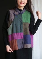 Art Colorblock Stand Collar Patchwork Fine Cotton Filled Vest Tops Winter