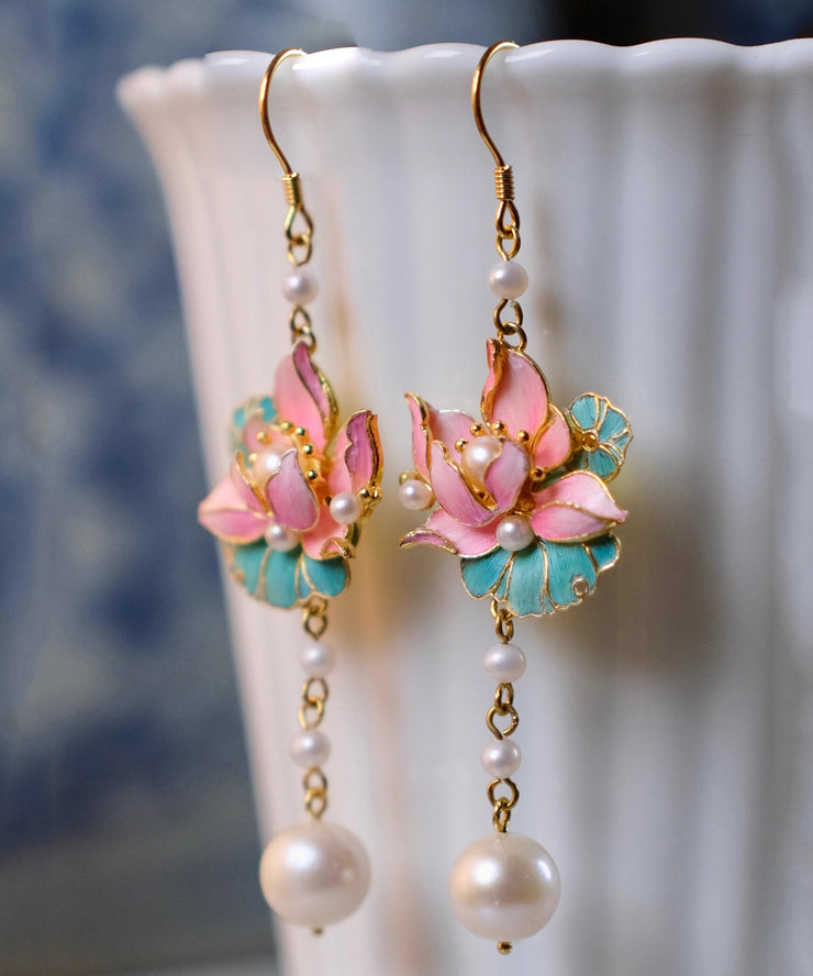 Art Colorblock Sterling Silver Overgild Pearl Lotus Flowers Tassel Drop Earrings