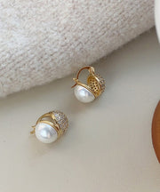 Art Colorblock Sterling Silver Overgild Zircon Pearl Stud Earrings