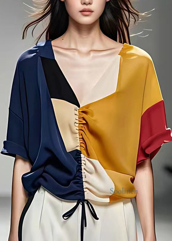 Art Colorblock V Neck Drawstring Chiffon Tops Summer