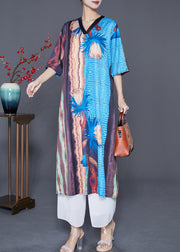 Art Colorblock V Neck Print Silk Holiday Dress Summer