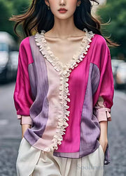 Art Colorblock V Neck Ruffled Cotton Blouses Fall