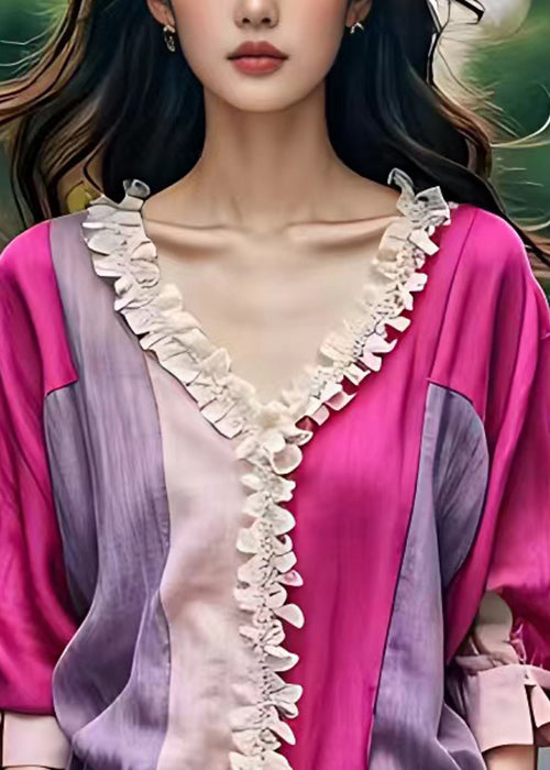 Art Colorblock V Neck Ruffled Cotton Blouses Fall