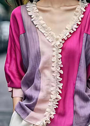 Art Colorblock V Neck Ruffled Cotton Blouses Fall