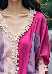 Art Colorblock V Neck Ruffled Cotton Blouses Fall