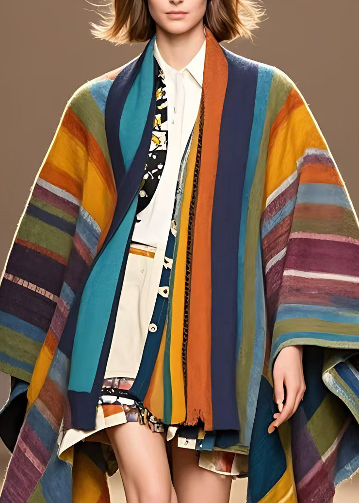 Art Colorblock V Neck Striped Tassel Woolen Long Coats Long Sleeve