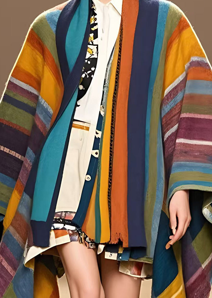 Art Colorblock V Neck Striped Tassel Woolen Long Coats Long Sleeve