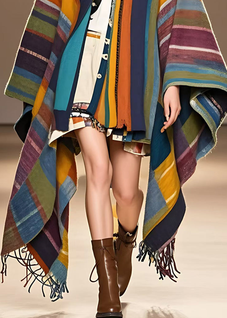 Art Colorblock V Neck Striped Tassel Woolen Long Coats Long Sleeve