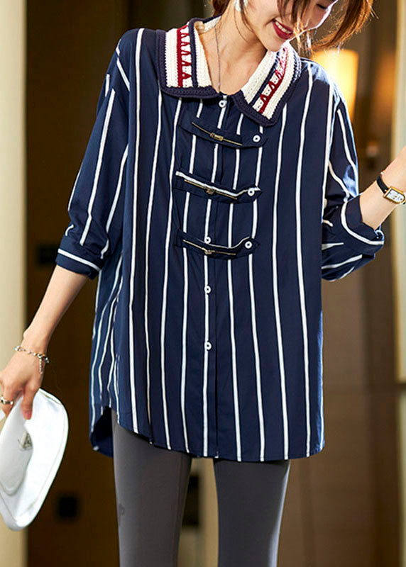 Art Dark Blue Peter Pan Collar Striped Patchwork Button Shirts Long Sleeve