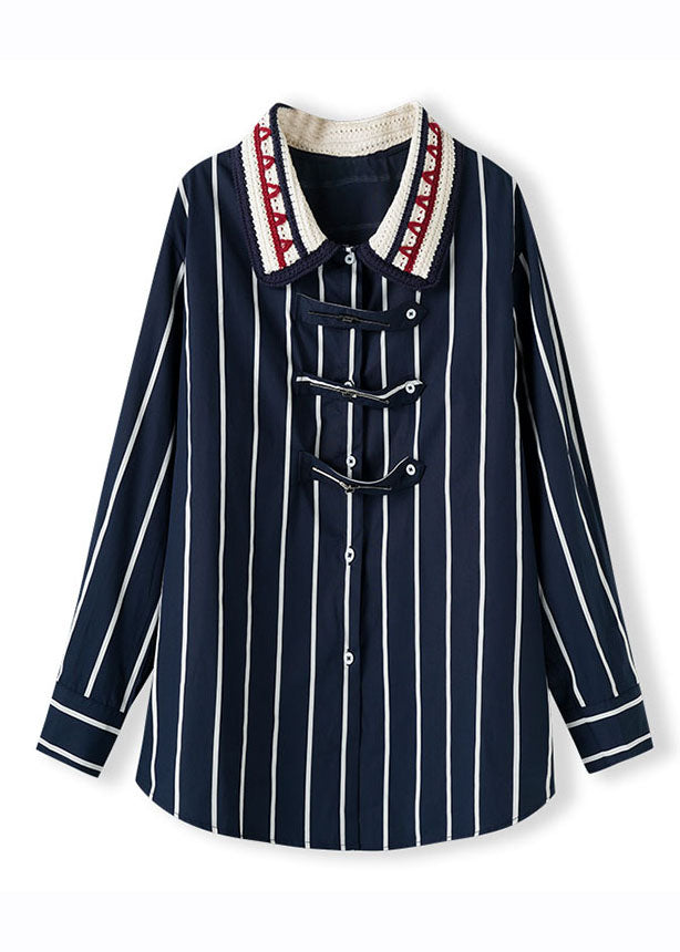 Art Dark Blue Peter Pan Collar Striped Patchwork Button Shirts Long Sleeve