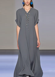 Art Dark Grey V Neck Draping Chiffon Maxi Dress Summer