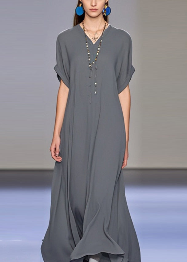 Art Dark Grey V Neck Draping Chiffon Maxi Dress Summer