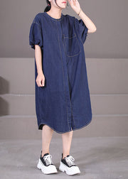 Art Denim Blue O-Neck Patchwork Cotton Shirt Dresses Lantern Sleeve