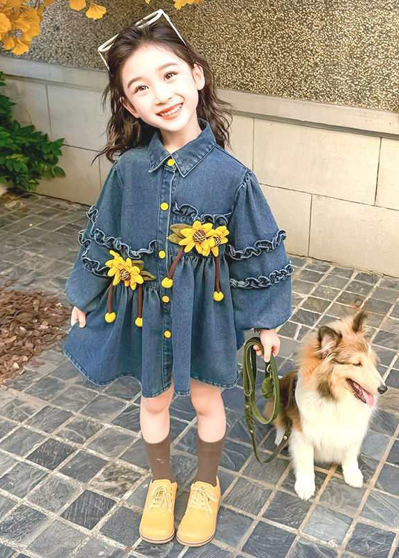 Art Denim Blue Ruffled Patchwork Button Girls Mid Dress Spring