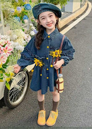 Art Denim Blue Ruffled Patchwork Button Girls Mid Dress Spring