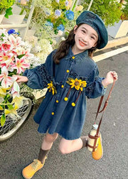 Art Denim Blue Ruffled Patchwork Button Girls Mid Dress Spring