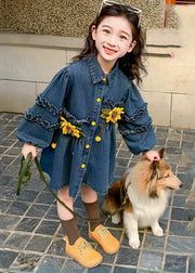 Art Denim Blue Ruffled Patchwork Button Girls Mid Dress Spring