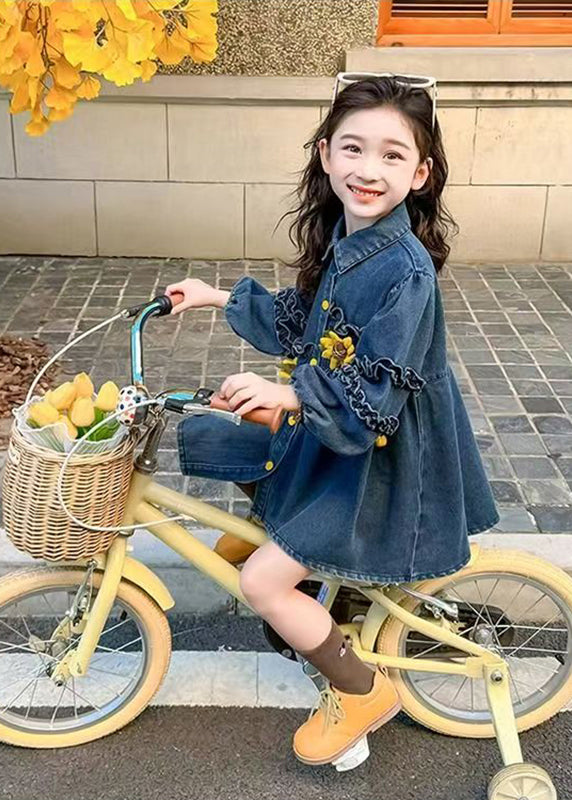 Art Denim Blue Ruffled Patchwork Button Girls Mid Dress Spring