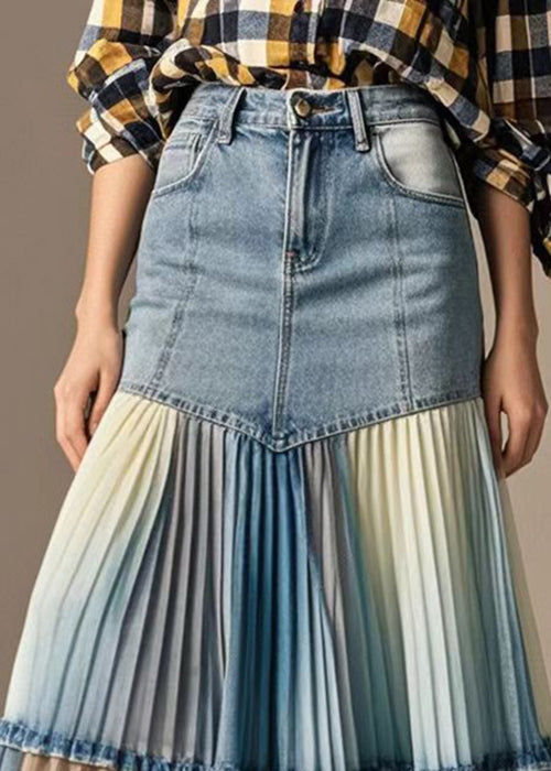 Art Denim Blue Wraped Patchwork Tie Dye Pleated Skirts Fall