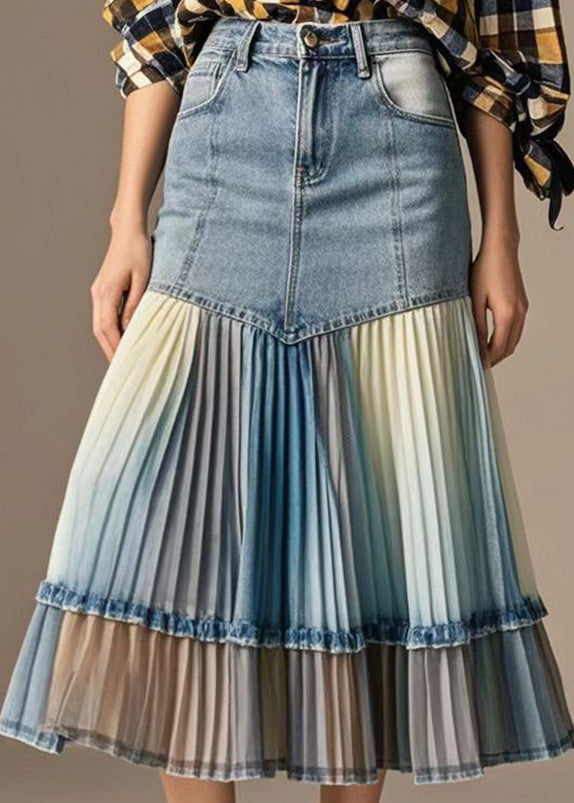 Art Denim Blue Wraped Patchwork Tie Dye Pleated Skirts Fall