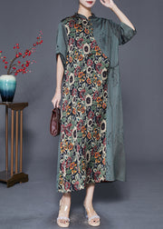 Art Dull Green Print Patchwork Tie Waist Silk Long Dress Fall