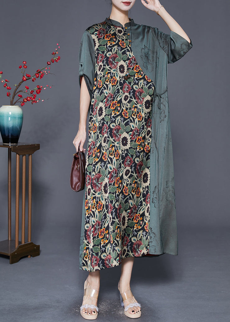 Art Dull Green Print Patchwork Tie Waist Silk Long Dress Fall