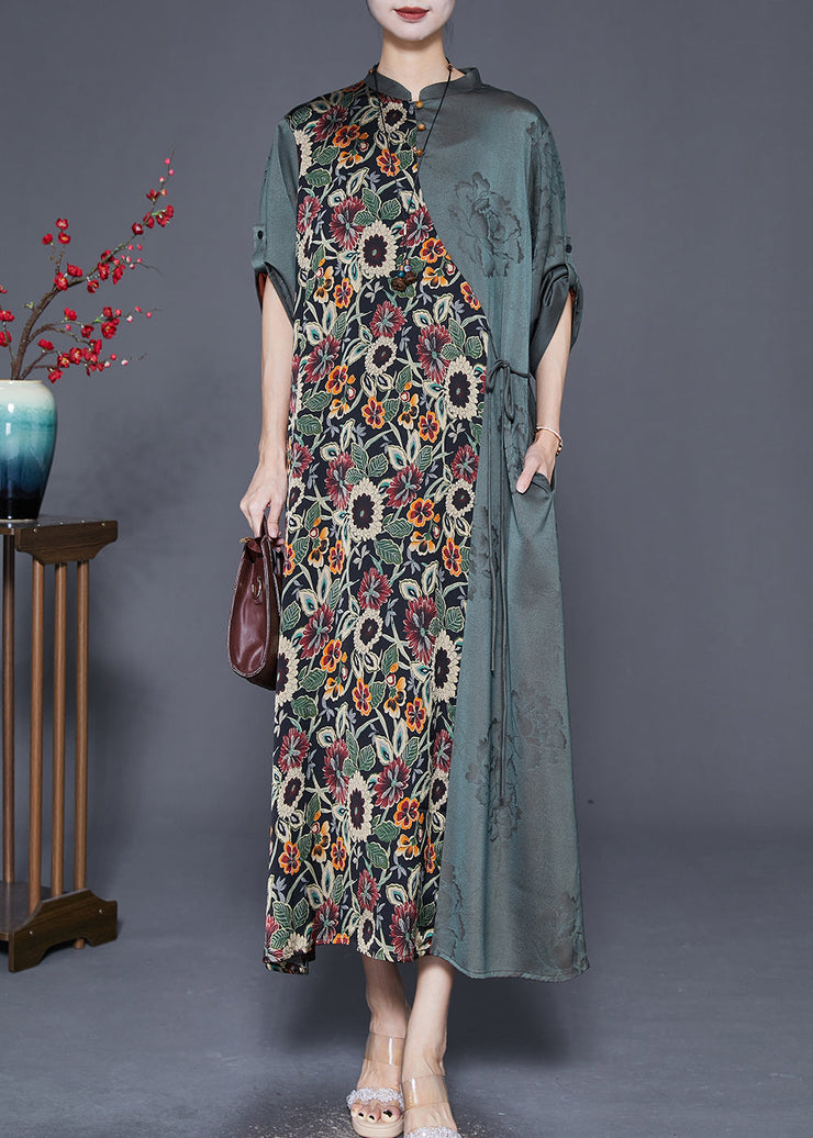 Art Dull Green Print Patchwork Tie Waist Silk Long Dress Fall