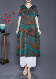 Art Dull Green V Neck Landscape Painting Silk Dress Summer