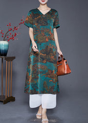 Art Dull Green V Neck Landscape Painting Silk Dress Summer