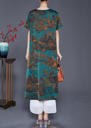 Art Dull Green V Neck Landscape Painting Silk Dress Summer