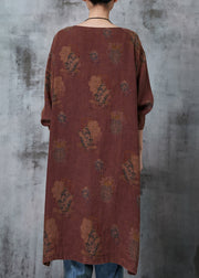Art Dull Orange Asymmetrical Print Linen Oriental Dresses Spring
