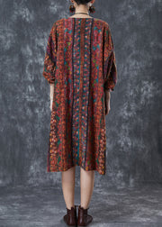 Art Dull Red Embroidered Patchwork Print Linen Dress Spring