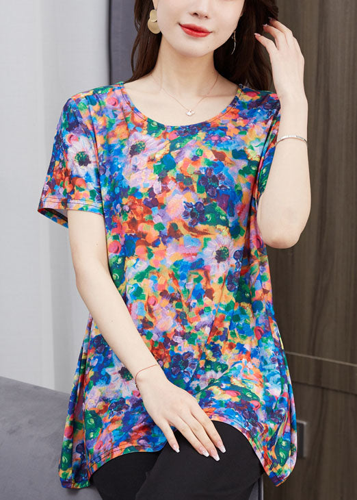 Art Floral O Neck Patchwork Cotton T Shirt Top Short Sleeve