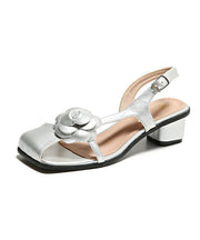 Art Floral Splicing Chunky Sandals Silver Faux Leather Buckle Strap