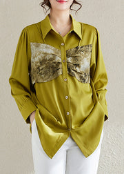 Art Fluorescent Green Patchwork Chiffon Shirt Top Spring