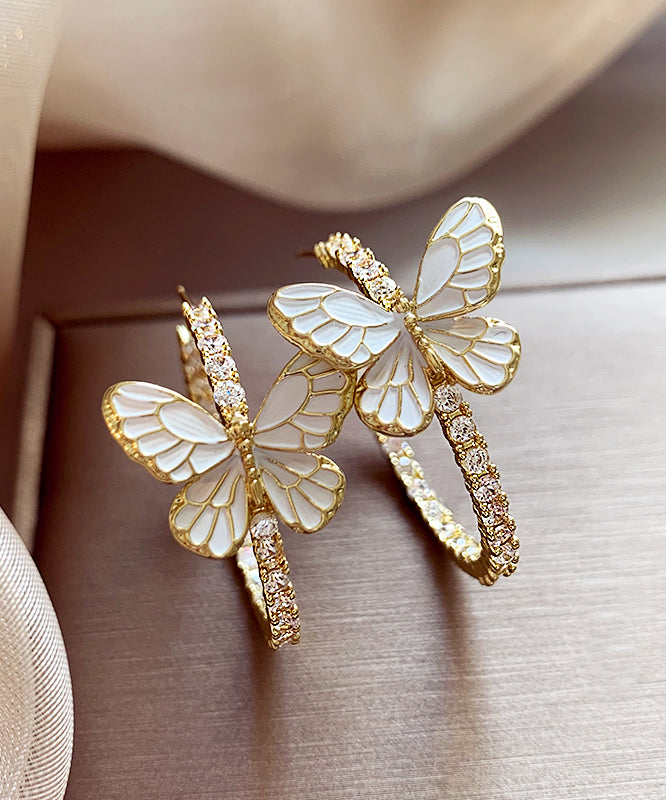 Art Gold Copper Alloy Zircon Butterfly Hoop Earrings