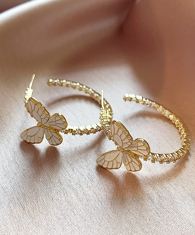 Art Gold Copper Alloy Zircon Butterfly Hoop Earrings