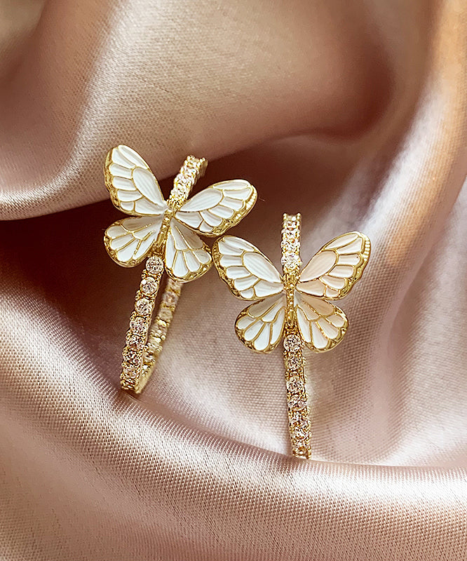 Art Gold Copper Alloy Zircon Butterfly Hoop Earrings