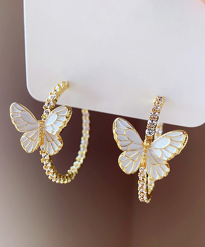 Art Gold Copper Alloy Zircon Butterfly Hoop Earrings