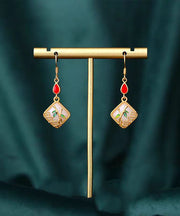 Art Gold Copper Overgild Inlaid Jade Gem Stone Bamboo Leaf Drop Earrings