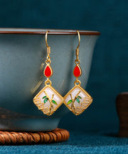 Art Gold Copper Overgild Inlaid Jade Gem Stone Bamboo Leaf Drop Earrings