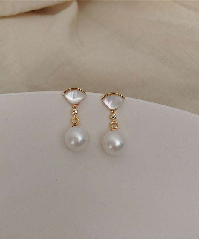 Art Gold Sterling Silver Overgild Fan Shaped Shell Pearl Drop Earrings