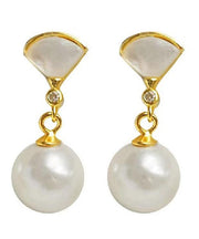 Art Gold Sterling Silver Overgild Fan Shaped Shell Pearl Drop Earrings